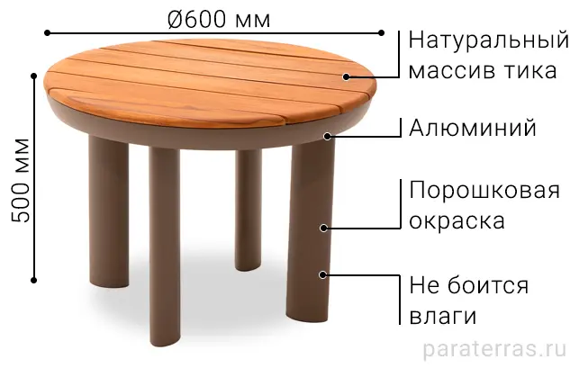 Кофейный стол AURORA из алюминия со столешницей из тика